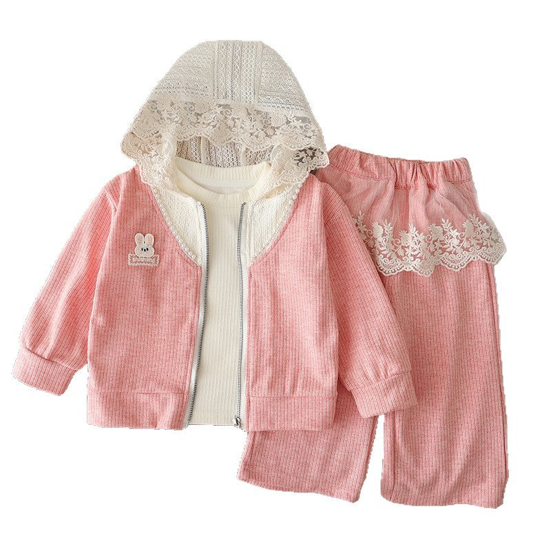 Hooded zipper sweater three piece set baby clothes