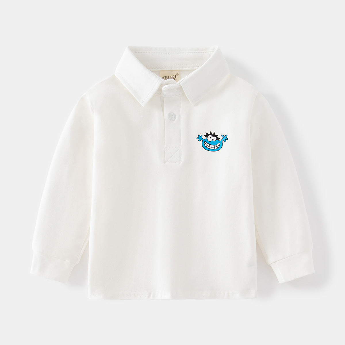 Long Sleeve Polo Shirt with Two-Button Stand Collar and Cartoon Animal Print