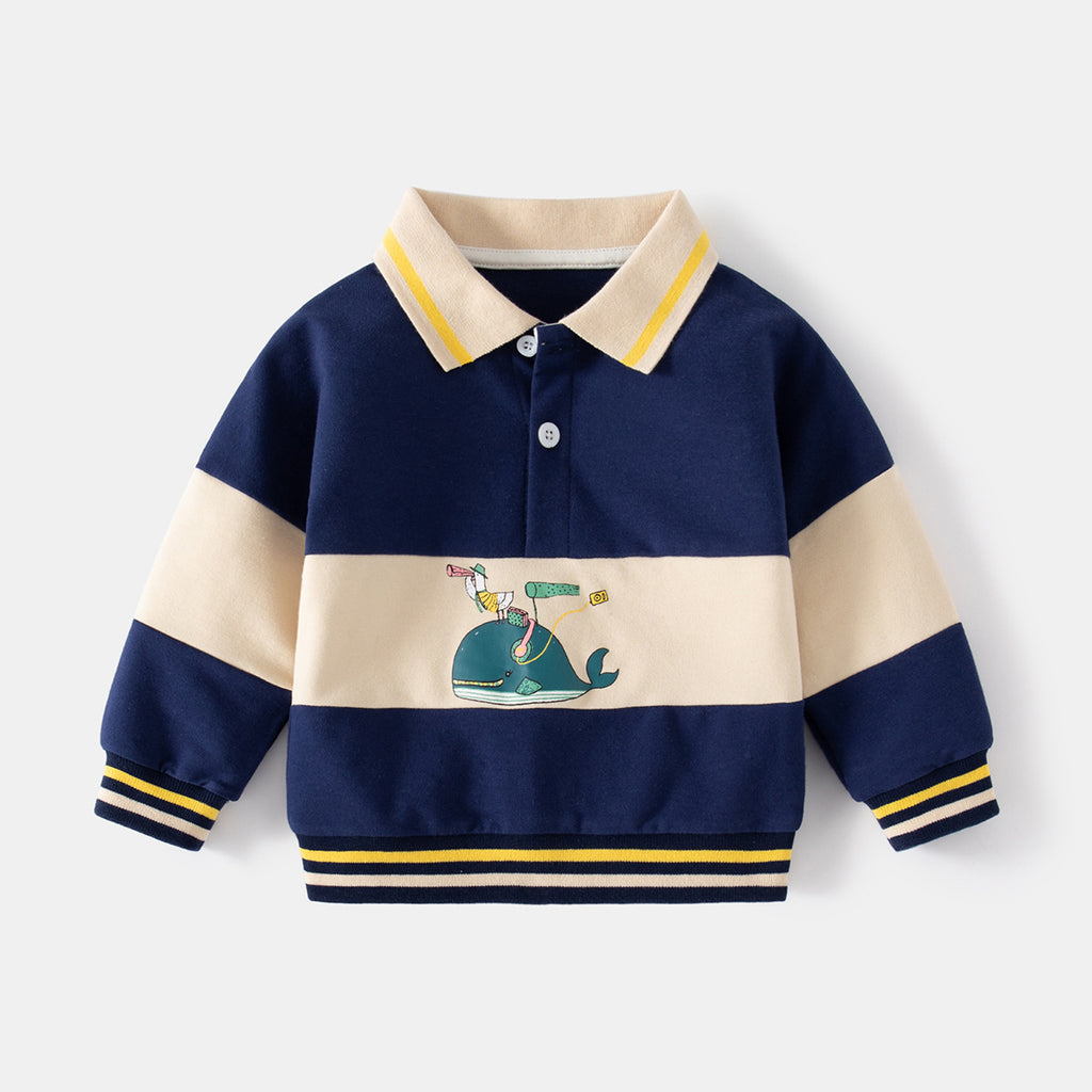 Whale Print Kids' Hoodie, Casual Cuffed Sleeve, Non-Hooded Collar Sweatshirt for Boys