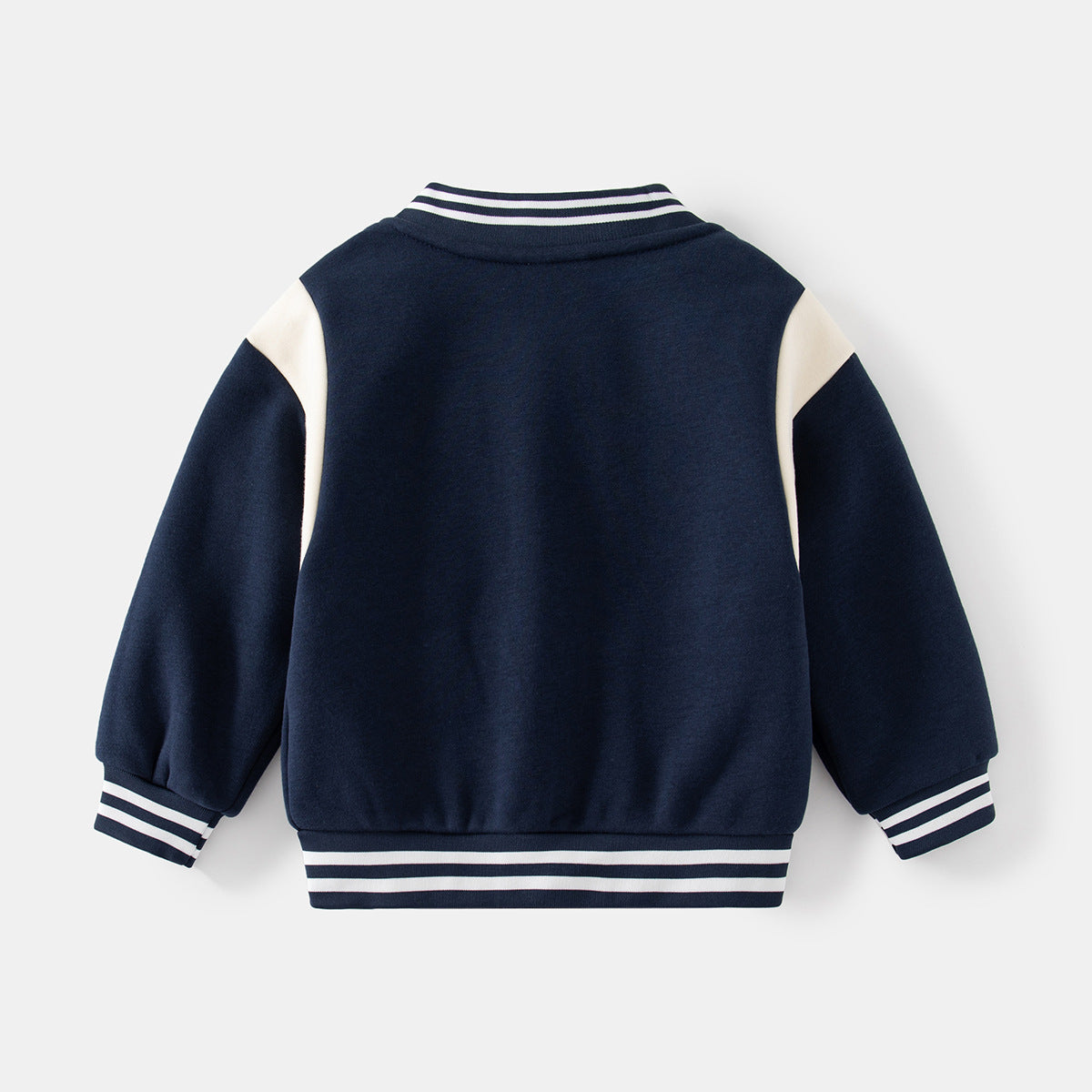 Fleece-Lined Round Neck Baseball Jacket, Letter Long Sleeve Color-Block Striped Warm Outerwear