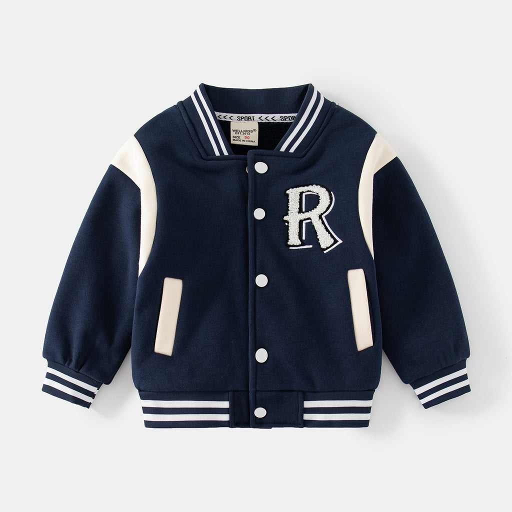 Fleece-Lined Round Neck Baseball Jacket, Letter Long Sleeve Color-Block Striped Warm Outerwear