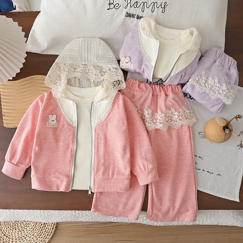 Hooded zipper sweater three piece set baby clothes