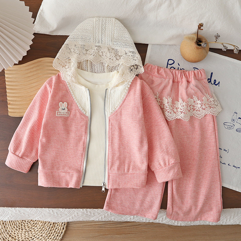 Hooded zipper sweater three piece set baby clothes