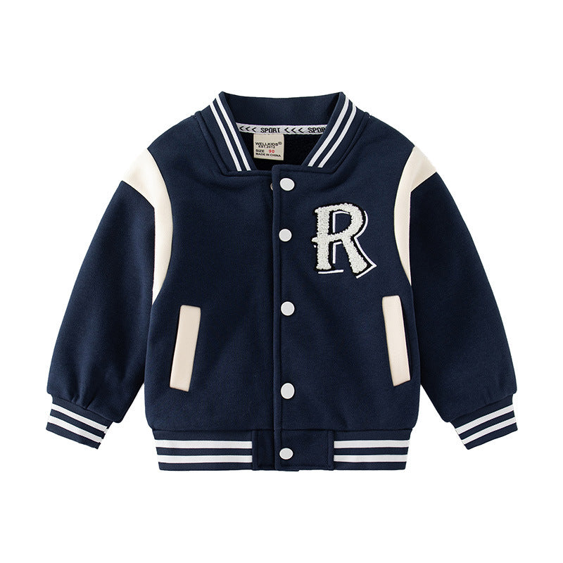 Fleece-Lined Round Neck Baseball Jacket, Letter Long Sleeve Color-Block Striped Warm Outerwear