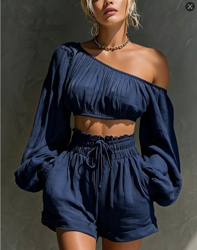 Shoulder long sleeved short top+high waisted casual shorts set for women