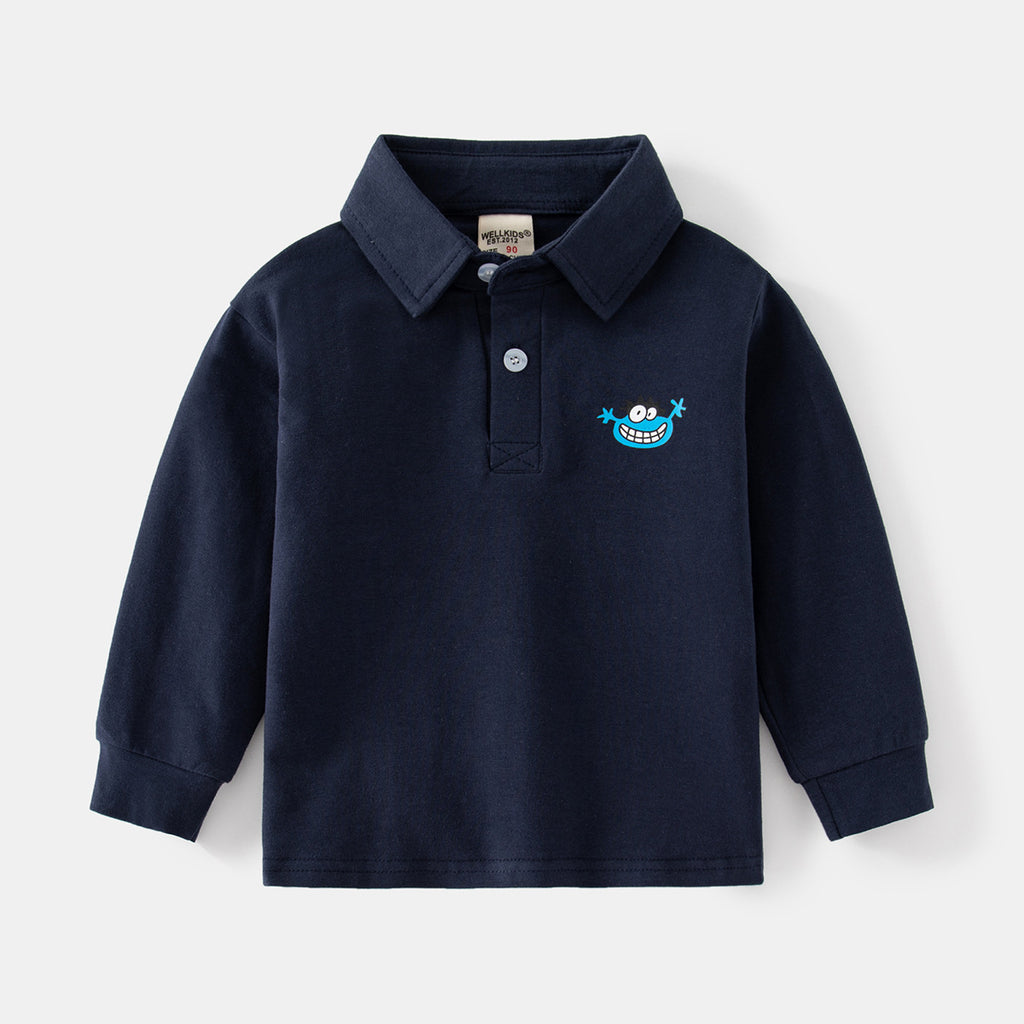 Long Sleeve Polo Shirt with Two-Button Stand Collar and Cartoon Animal Print